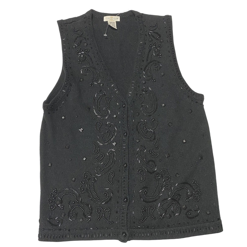 Yarnworks Sweater Vest‎ Black Size Medium Heavily Jeweled Beaded NWOT 18"x25"